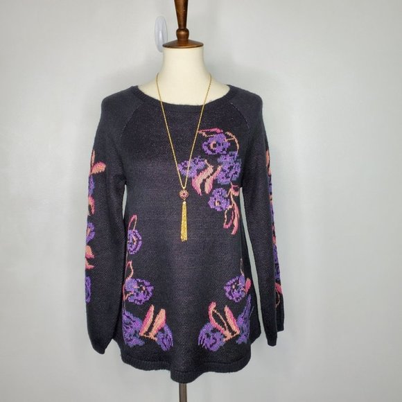 Style & Co Black Sweater With Purple Orange Pink Abstract Floral NWOT Size S - Picture 1 of 10